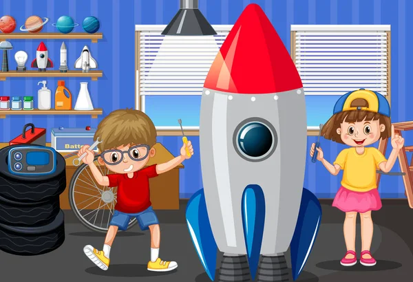 Scéna Dětmi Opravující Raketu Dohromady Ilustrace — Stockový vektor