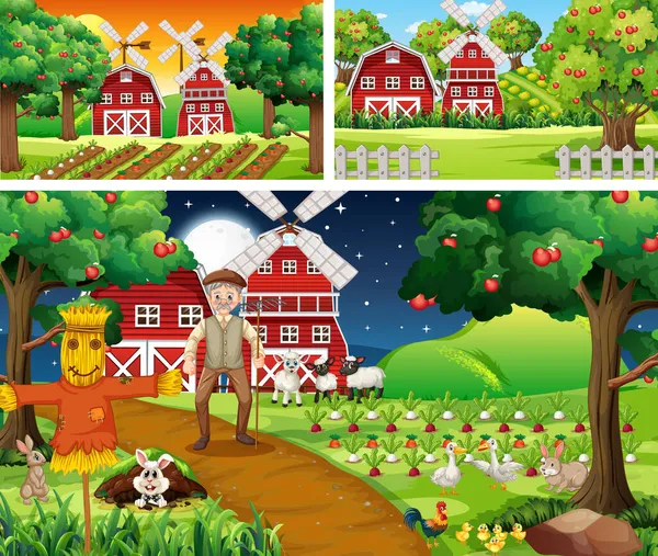 Διαφορετικές Σκηνές Αγρόκτημα Ζώα Αγρόκτημα Εικονογράφηση Χαρακτήρα Κινουμένων Σχεδίων — Διανυσματικό Αρχείο