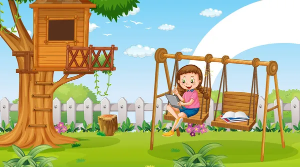 Kinder Lehnen Online Mit Tablet Auf Schaukelstuhl Park Illustration — Stockvektor