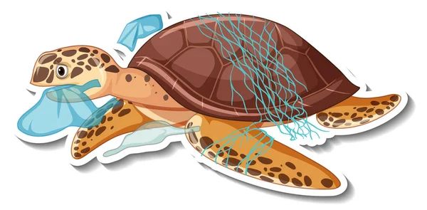 Kaplumbağa Plastik Çöp Karikatür Yapıştırmasıyla Sıkıştı — Stok Vektör