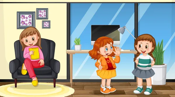Scène Met Drie Meisjes Cartoon Karakter Kamer Illustratie — Stockvector