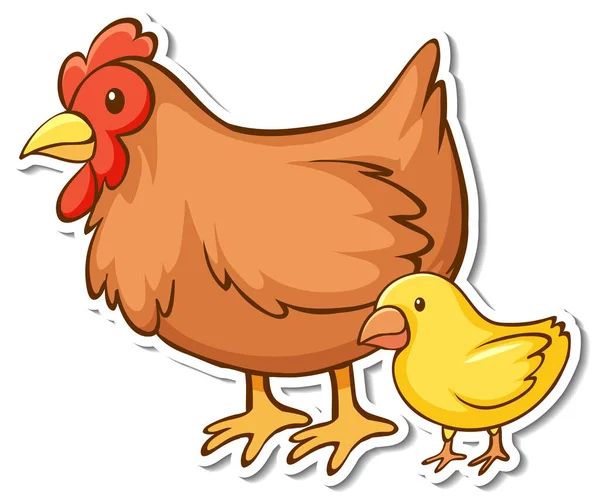 Gallina Con Pollita Posición Pie Etiqueta Engomada Ilustración — Archivo Imágenes Vectoriales