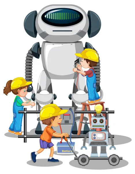 Niños Construyendo Robot Juntos Sobre Fondo Blanco Ilustración — Archivo Imágenes Vectoriales
