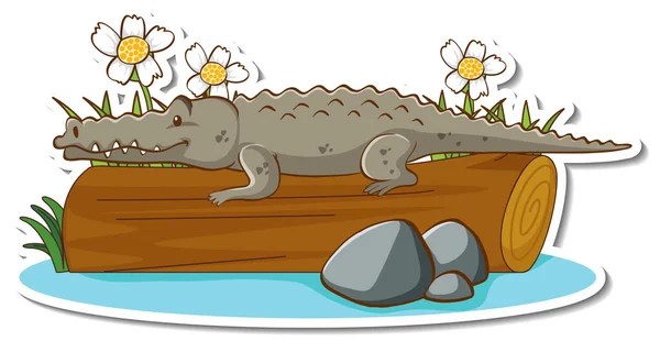 Caráter Dos Desenhos Animados Crocodilo Uma Ilustração Autocolante Madeira Log —  Vetores de Stock