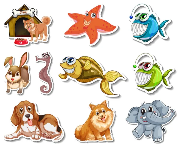 Set Stickers Met Zeedieren Honden Tekenfilmfiguur Illustratie — Stockvector