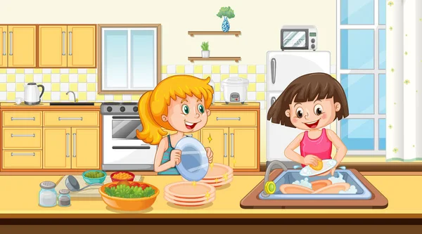 Cena Com Duas Meninas Lavar Louça Cozinha Ilustração Vetores De Stock Royalty-Free