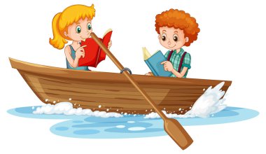 Ahşap tekne resimleriyle ilgili kitaplar okuyan birkaç çocuk.