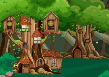 Orman illüstrasyonunda fantezi ağaç ev