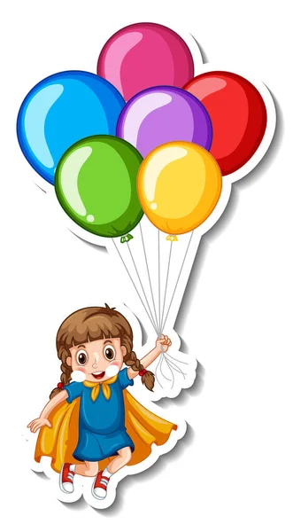Modèle Autocollant Avec Une Fille Tenant Nombreux Ballons Illustration Isolée — Image vectorielle