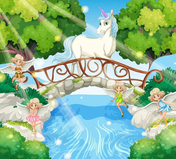 Unicornio Hadas Bosque Fantasía Ilustración — Vector de stock