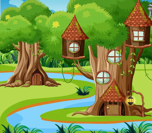 Fantasy Forest Background Tree Houses Illustration — Stock Vector