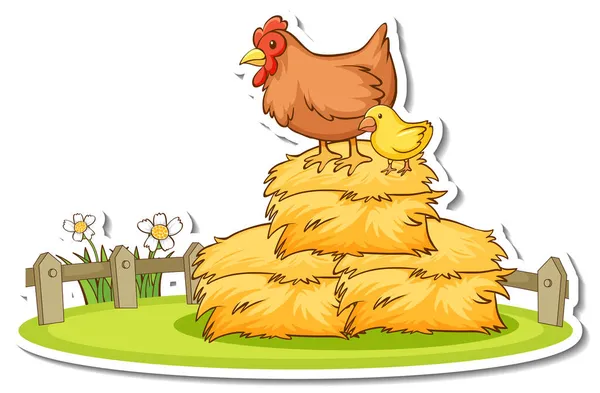 Hen Little Chick Standing Haystack Sticker Illustration — Stock Vector