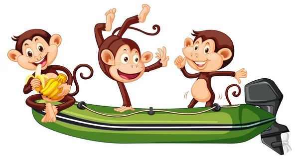 Trois Petits Singes Sur Illustration Bateau — Image vectorielle