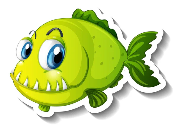 大きな牙を持つ漫画の魚漫画のステッカーイラスト — ストックベクタ