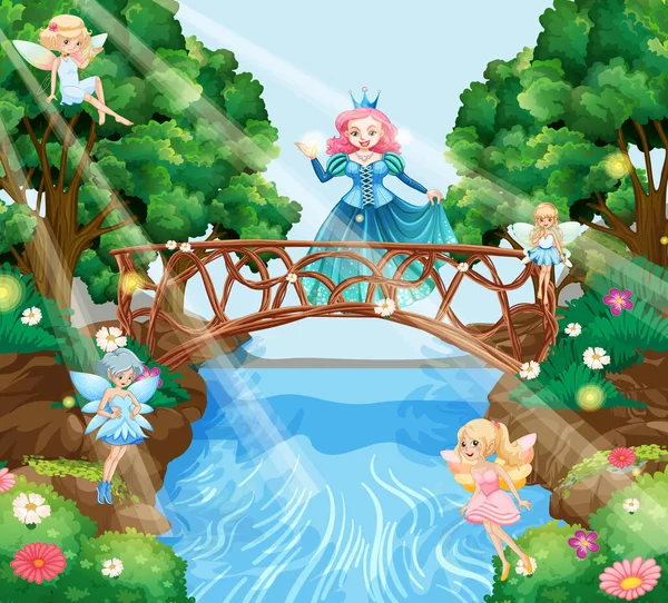 幻想森林与可爱的仙女插图 — 图库矢量图片