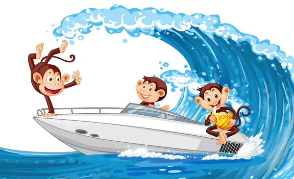 Little Monkeys Speed Boat Ocean Wave Illustration — Stock Vector