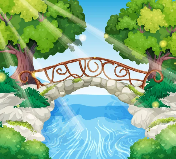 Jardim Encantado Com Ilustração Ponte Pedra —  Vetores de Stock