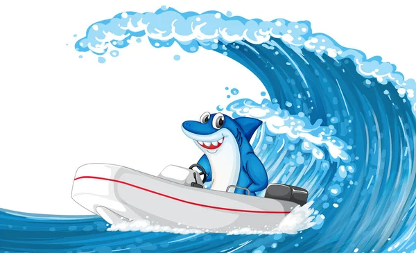 Hai Auf Schlauchboot Mit Meereswellen Illustration — Stockvektor