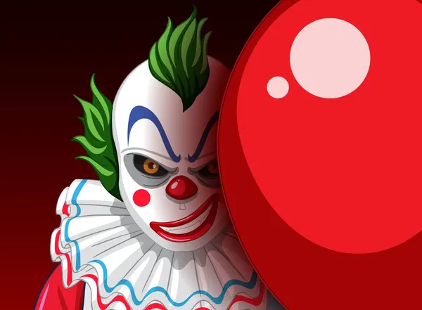 Clown Raccapricciante Faccia Sbirciare Fuori Dietro Palloncino Illustrazione — Vettoriale Stock