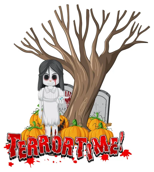 Piccola Ragazza Fantasma Con Zucca Halloween Illustrazione — Vettoriale Stock