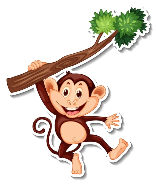 Monkey Hanging Tree Branch Cartoon Character Sticker Illustration — Stock Vector