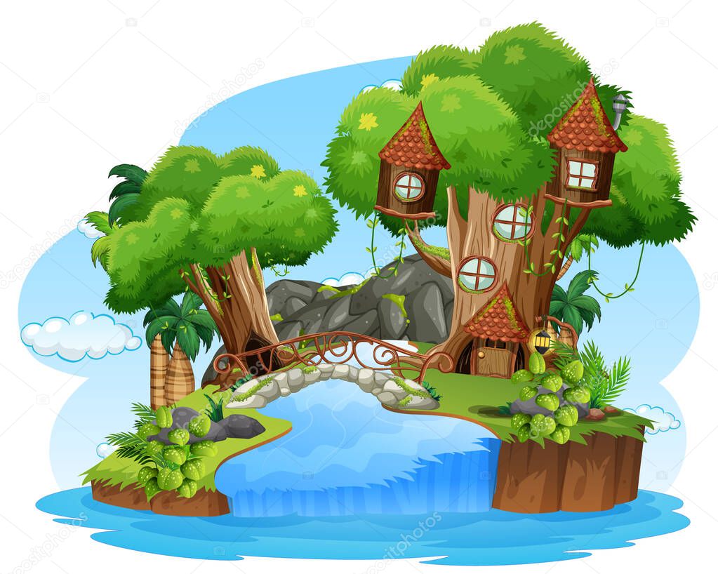 Fantasy tree house with in the forest illustration