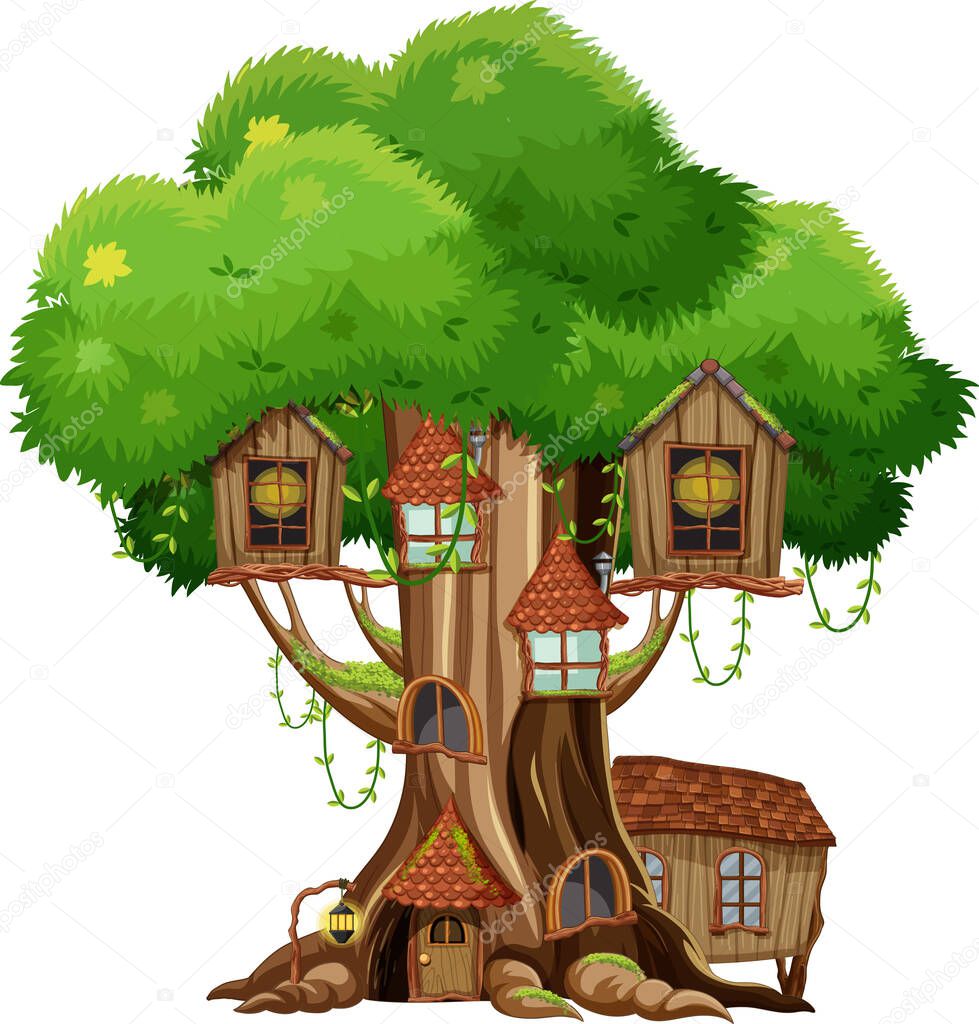Fantasy tree house inside tree trunk on white background illustration