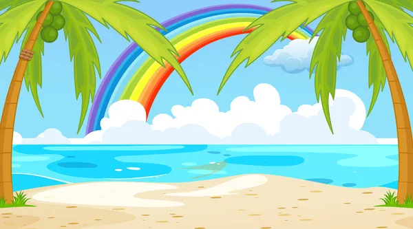 Escena Paisaje Playa Con Arco Iris Cielo Ilustración — Vector de stock