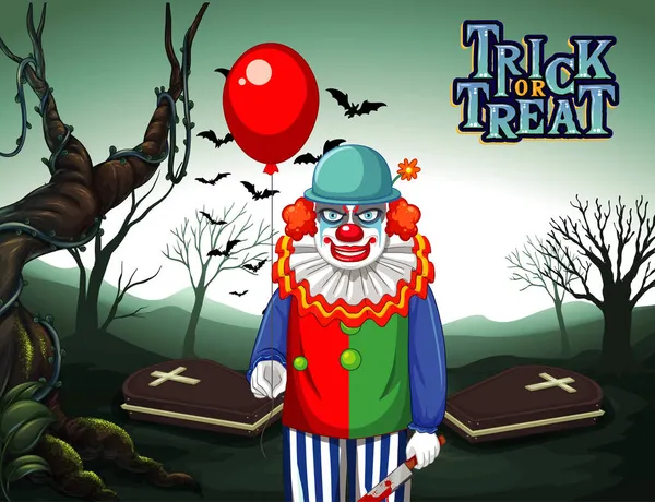 Creepy Clown Holding Balloon Dark Cemetery Forest Background Illustration — Stock Vector