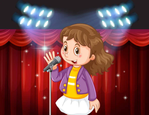 Niña Linda Cantando Ilustración Del Escenario — Vector de stock