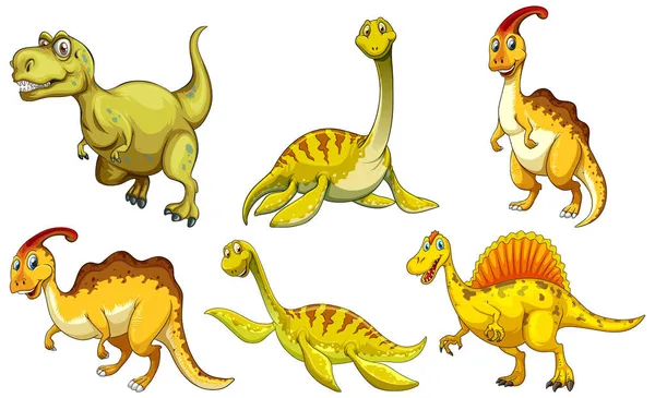 Sada Žlutých Dinosaurů Kreslený Znak Ilustrace — Stockový vektor