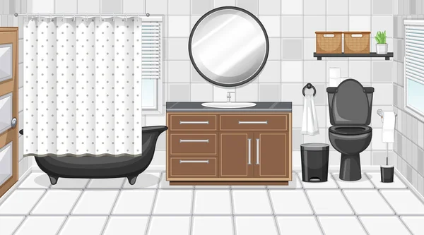 Interior Del Cuarto Baño Con Muebles Blanco Negro Tema Ilustración — Archivo Imágenes Vectoriales