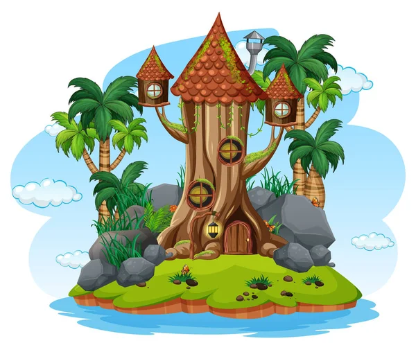 Fantasy Träd Hus Inuti Träd Bål Illustration — Stock vektor