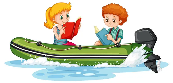 Pareja Niños Leyendo Libros Barco Ilustración — Vector de stock