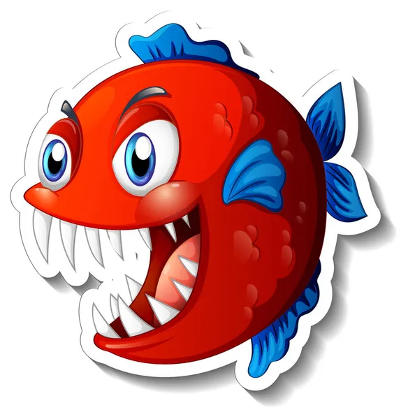 Arrabbiato Piranha Pesce Cartone Animato Adesivo Illustrazione — Vettoriale Stock