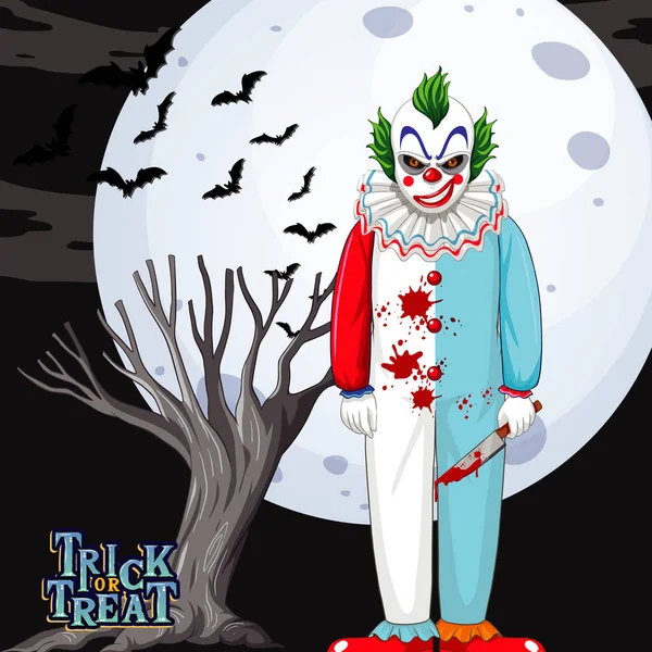 Killer Clown Character Full Moon Background Illustration — Stock Vector