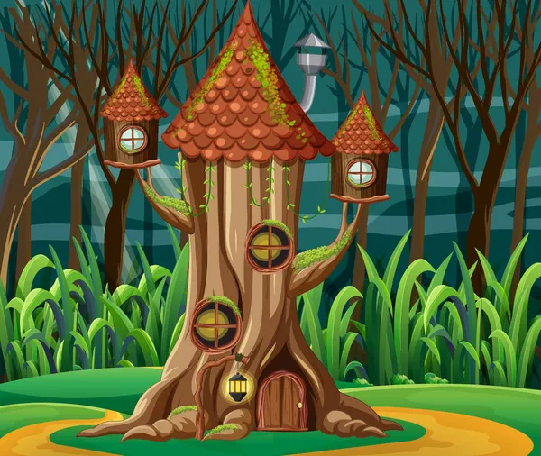 Fantasy Casa Sull Albero Nella Foresta Illustrazione — Vettoriale Stock