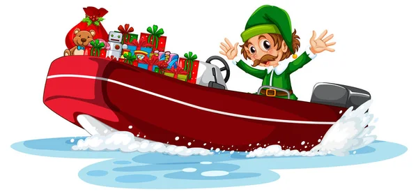 Elf Boat His Gifts Illustration — Stock Vector