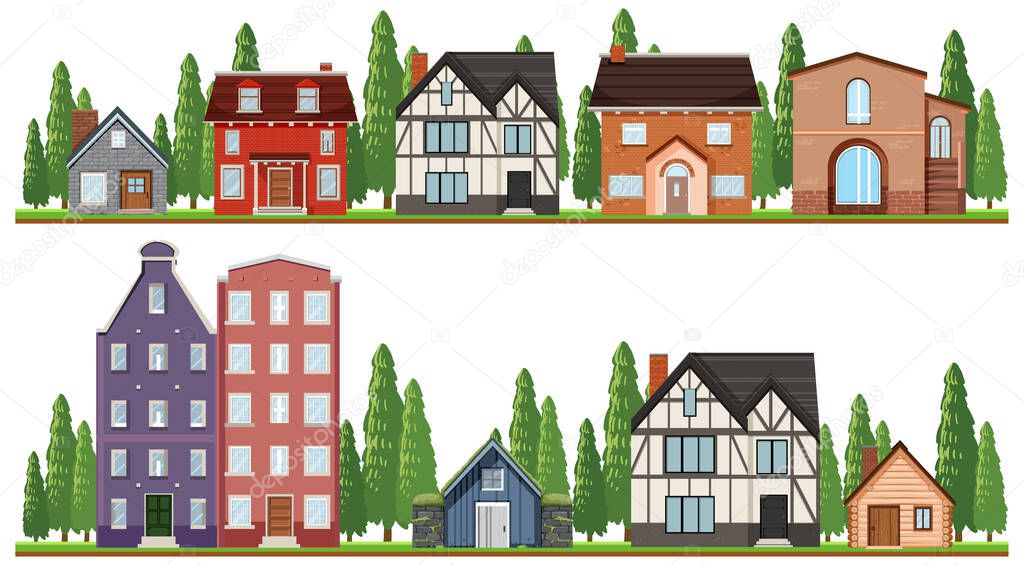 Front of country houses on white background illustration