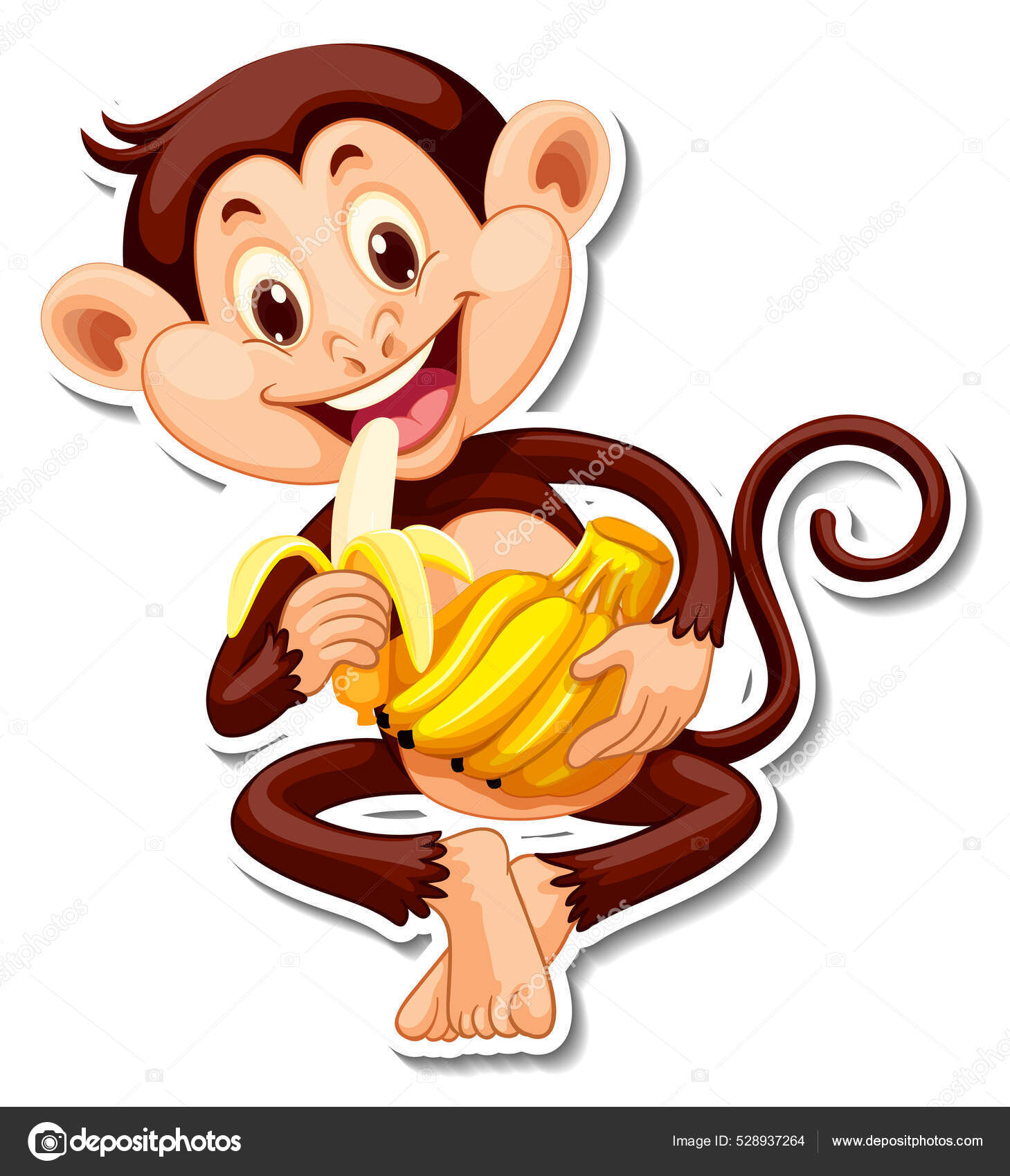 Macaco bonito dos desenhos animados comendo banana