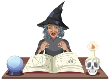 Büyü kitabı çizimi olan kötü kalpli yaşlı cadı.