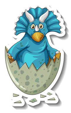 Triceratops dinozoru yumurta karikatürü karakter çıkartması çiziminden yumurtadan çıkıyor.