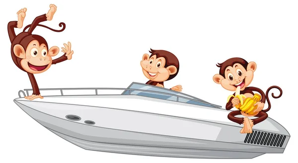 Drei Kleine Affen Auf Motorboot Illustration — Stockvektor