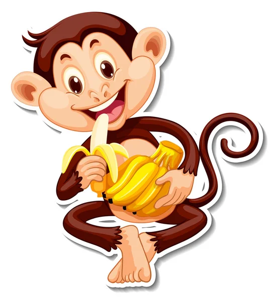 Monkey Eating Banana Cartoon Character Sticker Illustration — Stock Vector