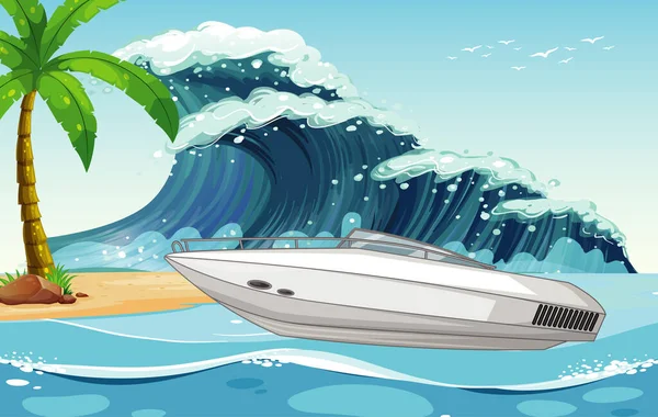 Beach Scene Speed Boat Sea Wave Illustration — Stock Vector