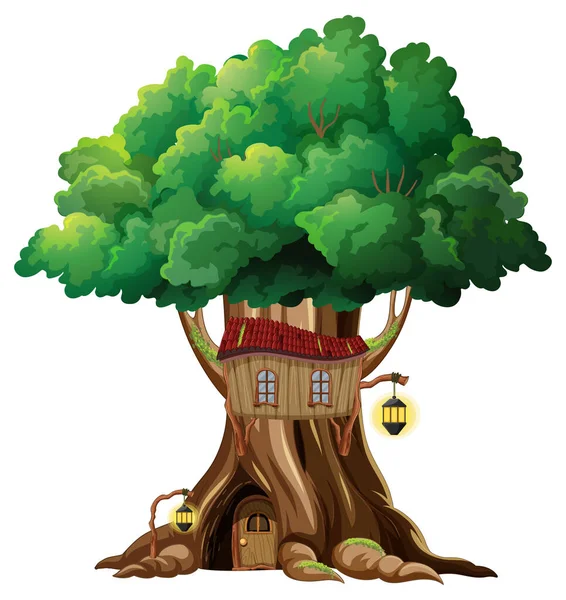 Fantasy Tree House Tree Trunk White Background Illustration — Stock Vector