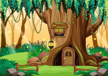 İçi boş ağaç resimleriyle dolu fantezi ormanı arka planı