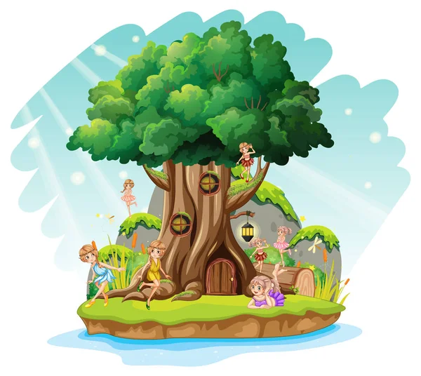 Fantaisie Arbre Maison Avec Fées Dessin Animé Illustration — Image vectorielle