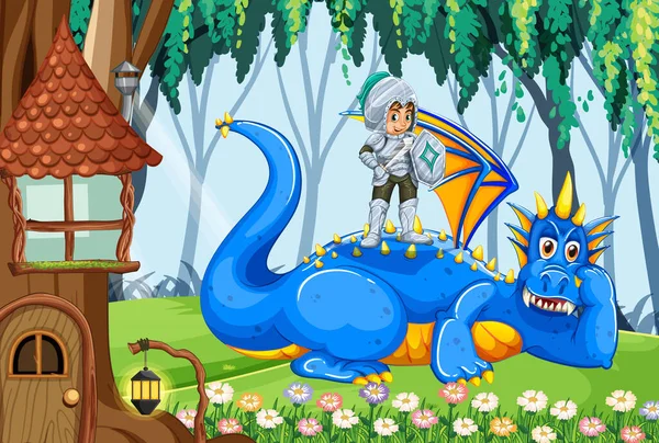 Dragon Chevalier Dans Forêt Enchantée Illustration Fond — Image vectorielle