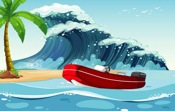 Escena Playa Con Bote Auxiliar Ilustración Ola Mar — Vector de stock